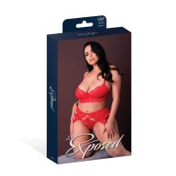 Conjunto Bralette de Encaje Sugar High con Liguero y Panty Strap Rojo 2X