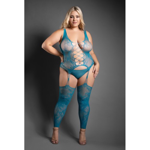 Conjunto de Bodystocking de Encaje Transparente - Verde Teal para Momentos Sensuales