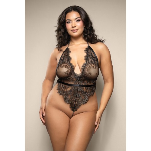 Opulence Metallic Eyelash Lace Teddy with Pearl String Crotch - Black QN