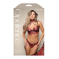 Opulence Embroidered Underwire Bralette & Crotchless Panty Set - Red M/L