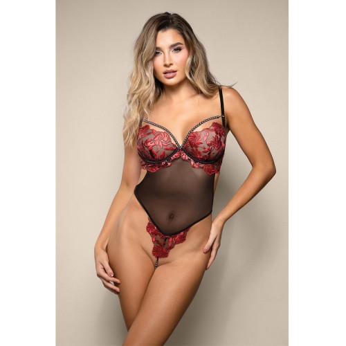 Opulence Embroidered Open Crotch Teddy in Red