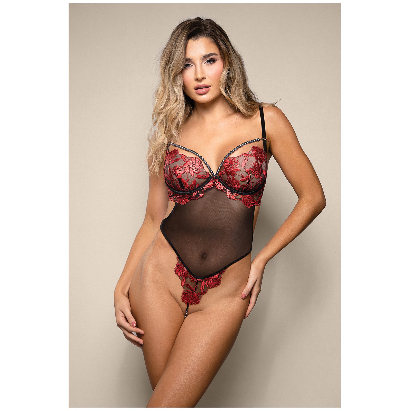 Opulence Embroidered Open Crotch Teddy in Red