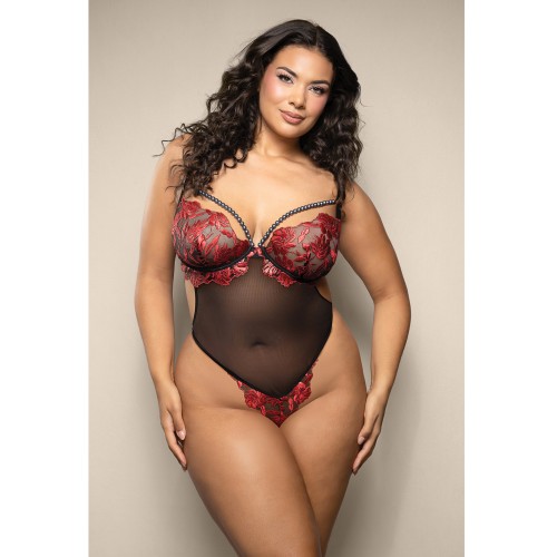 Opulence Underwire Open Crotch Teddy with Pearl - Red