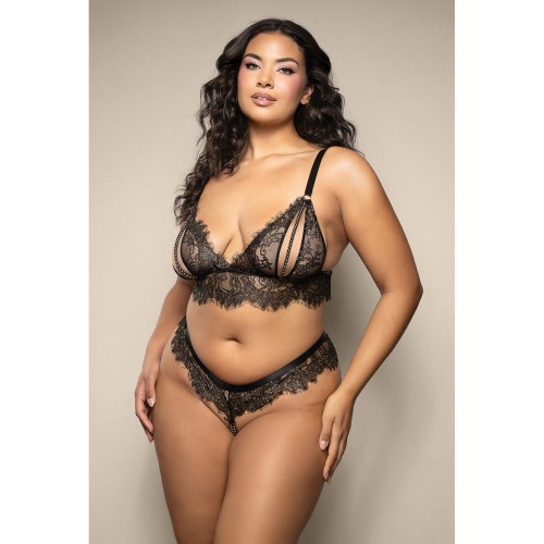 Bralette de Encaje Opulence con Panty de Cuerda de Perlas Negro