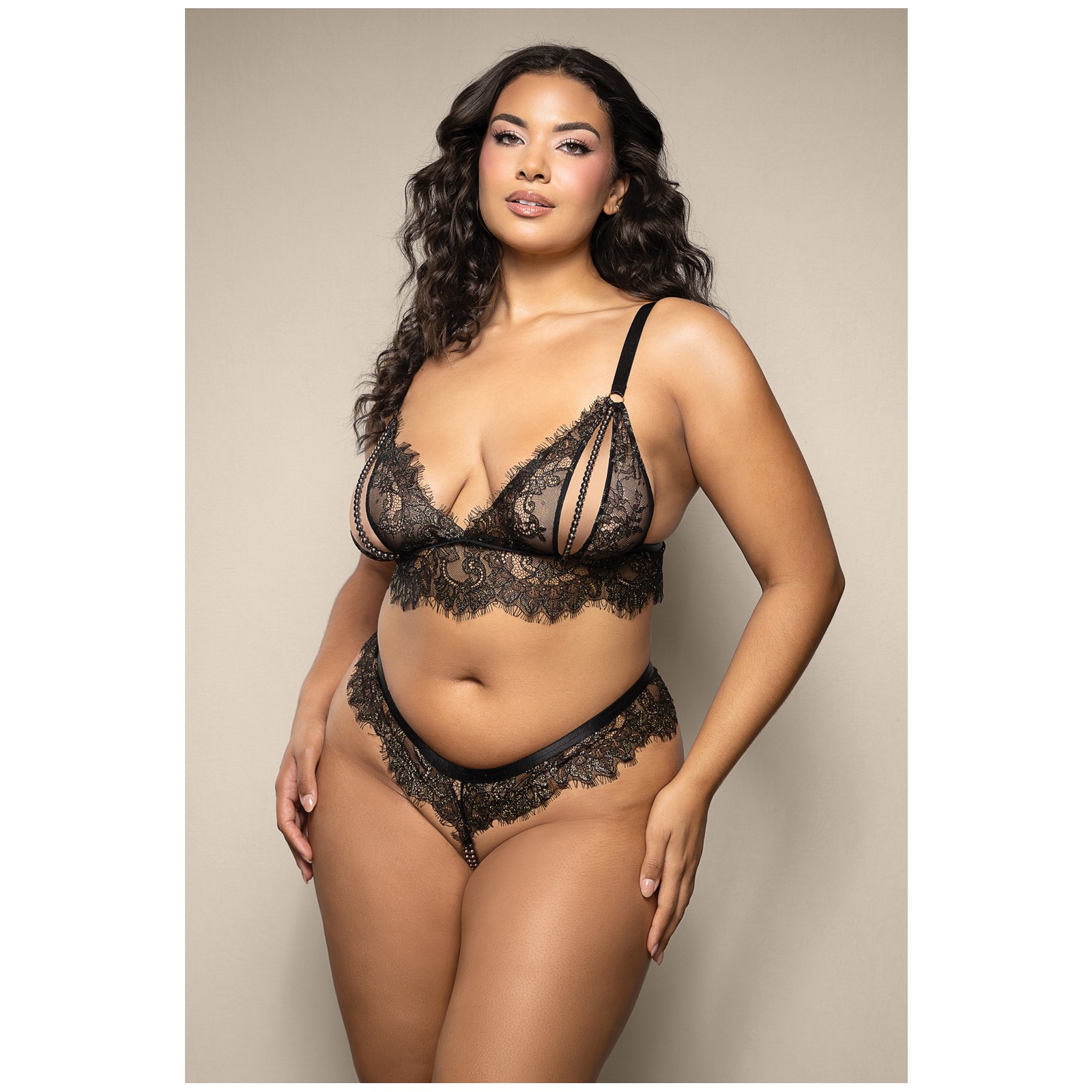 Bralette de Encaje Opulence con Panty de Cuerda de Perlas Negro