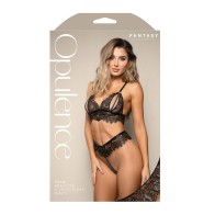 Opulence Bralette de Encaje de Pestañas Metálicas con Panty de Cuerda de Perlas - Negro S/M