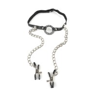 Fetish O Ring Gag with Nipple Clamps for BDSM Play