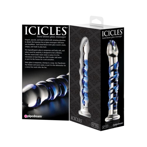 Icicles No. 5 Glass Massager Clear Blue Swirls