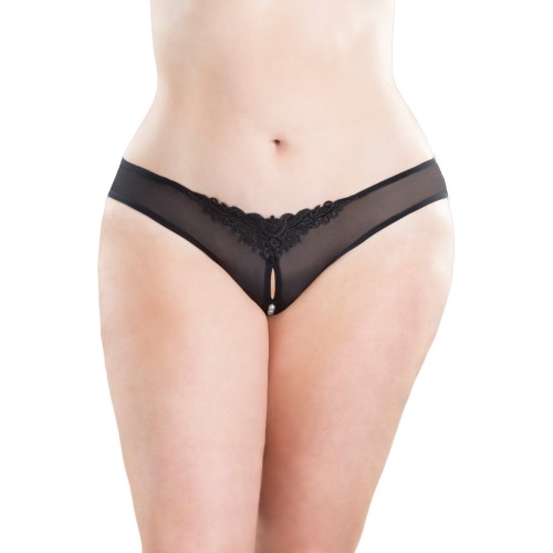 Crotchless Pearl Thong - Black O/S