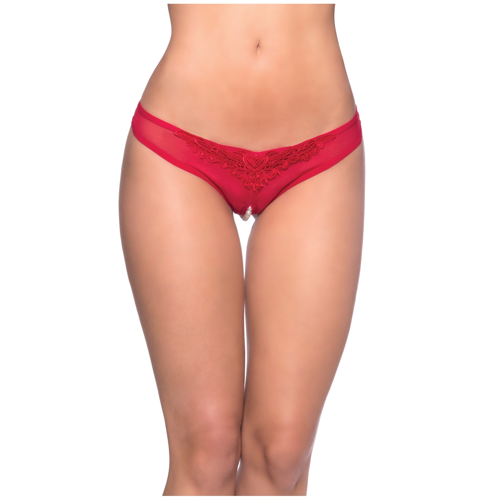 Tanga Crotchless con Perlas Rojo