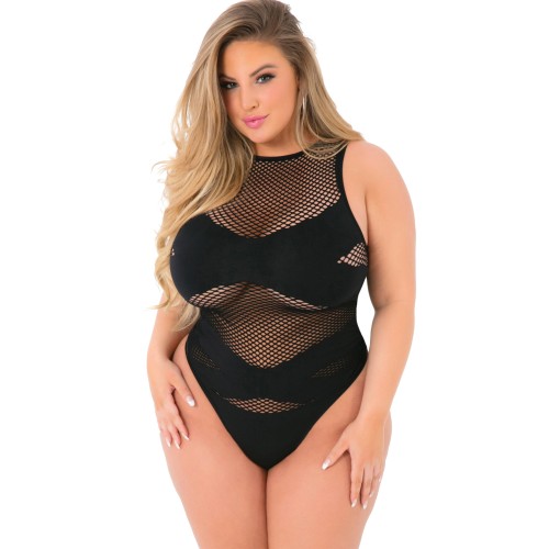 Pink Lipstick Criss Cross Fishnet Bodysuit - Black Queen Size