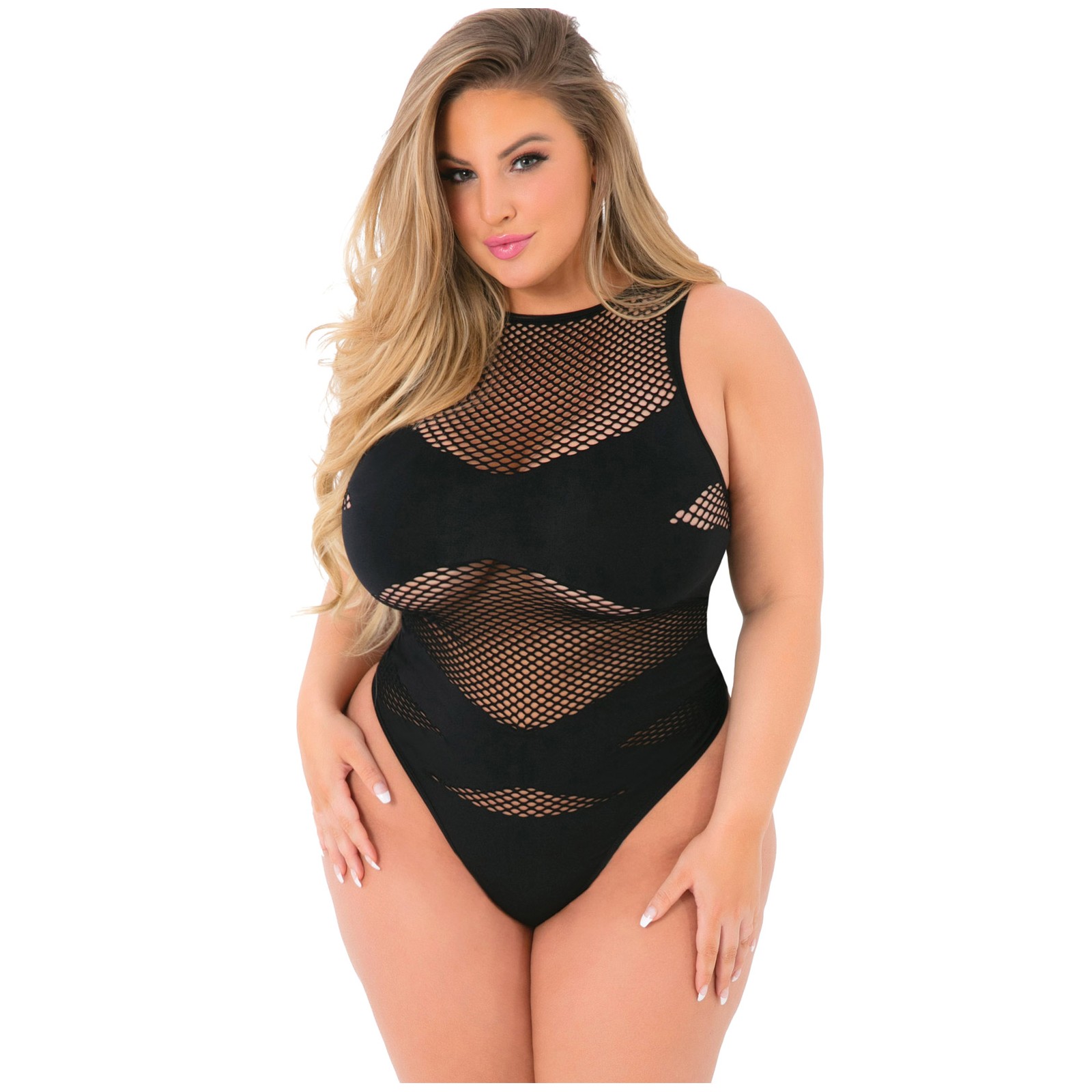 Pink Lipstick Criss Cross Fishnet Bodysuit - Black Queen Size