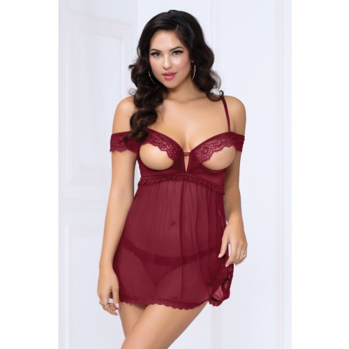 Babydoll de Encaje y Malla con Copas Abiertas y Panty - Vino