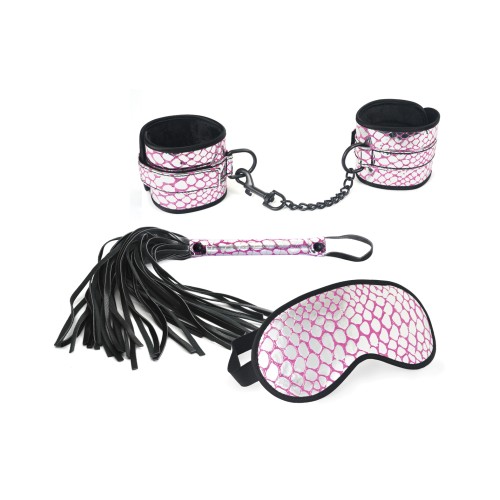 Kit de Bondage con Esposas de Cuero Sintético Antifaz Flogger Rosa