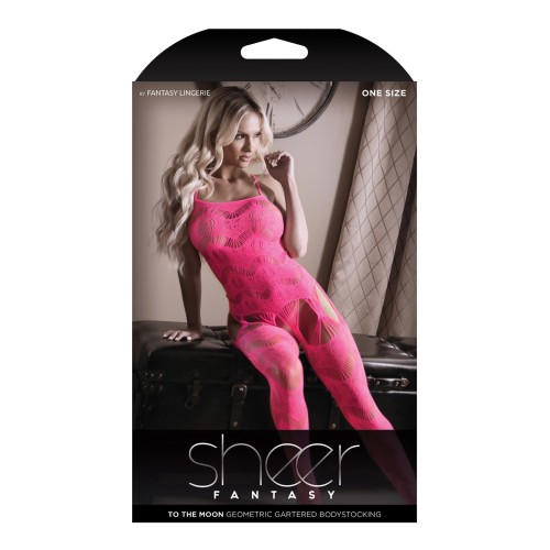 Sheer Fantasy To the Moon Gartered Bodystocking Neon Pink