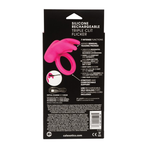 Vibrador Flicker Triple de Silicona - Rosa Recargable