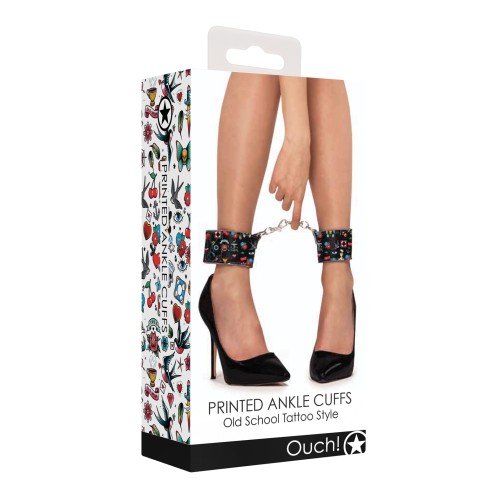 Shots Ouch Tattoo Style Printed Ankle Cuffs Black