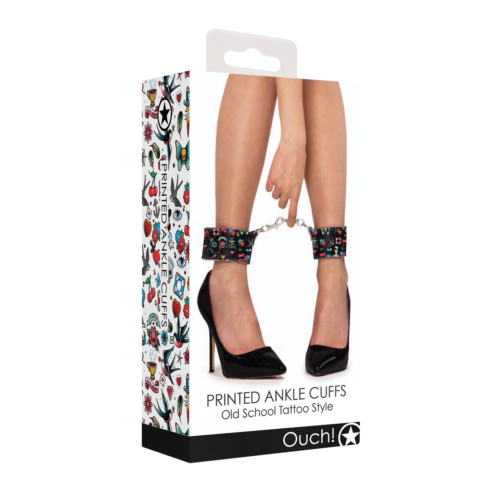 Shots Ouch Tattoo Style Printed Ankle Cuffs Black