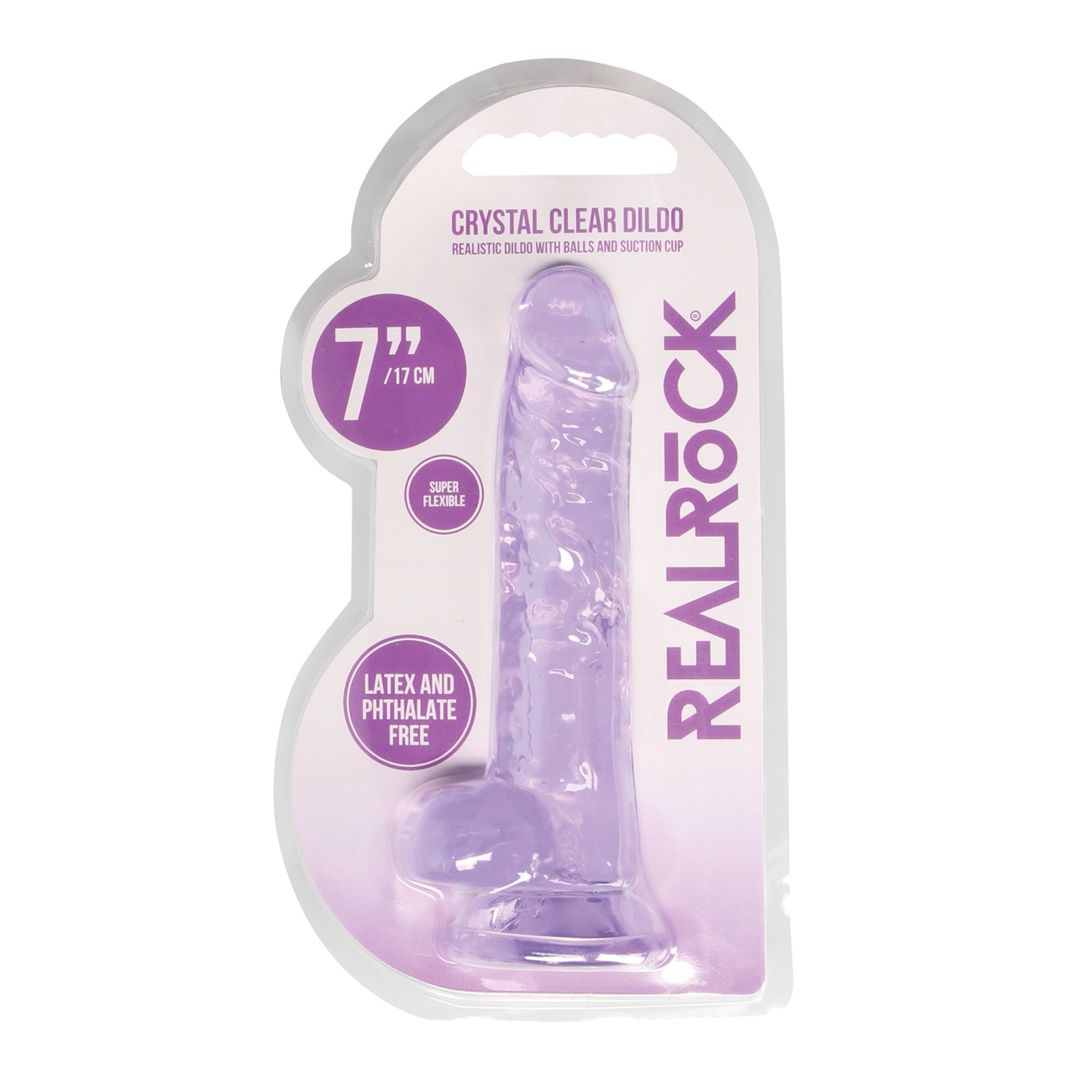 Dildo RealRock Transparente de 7 Pulgadas con Bolas - Morado