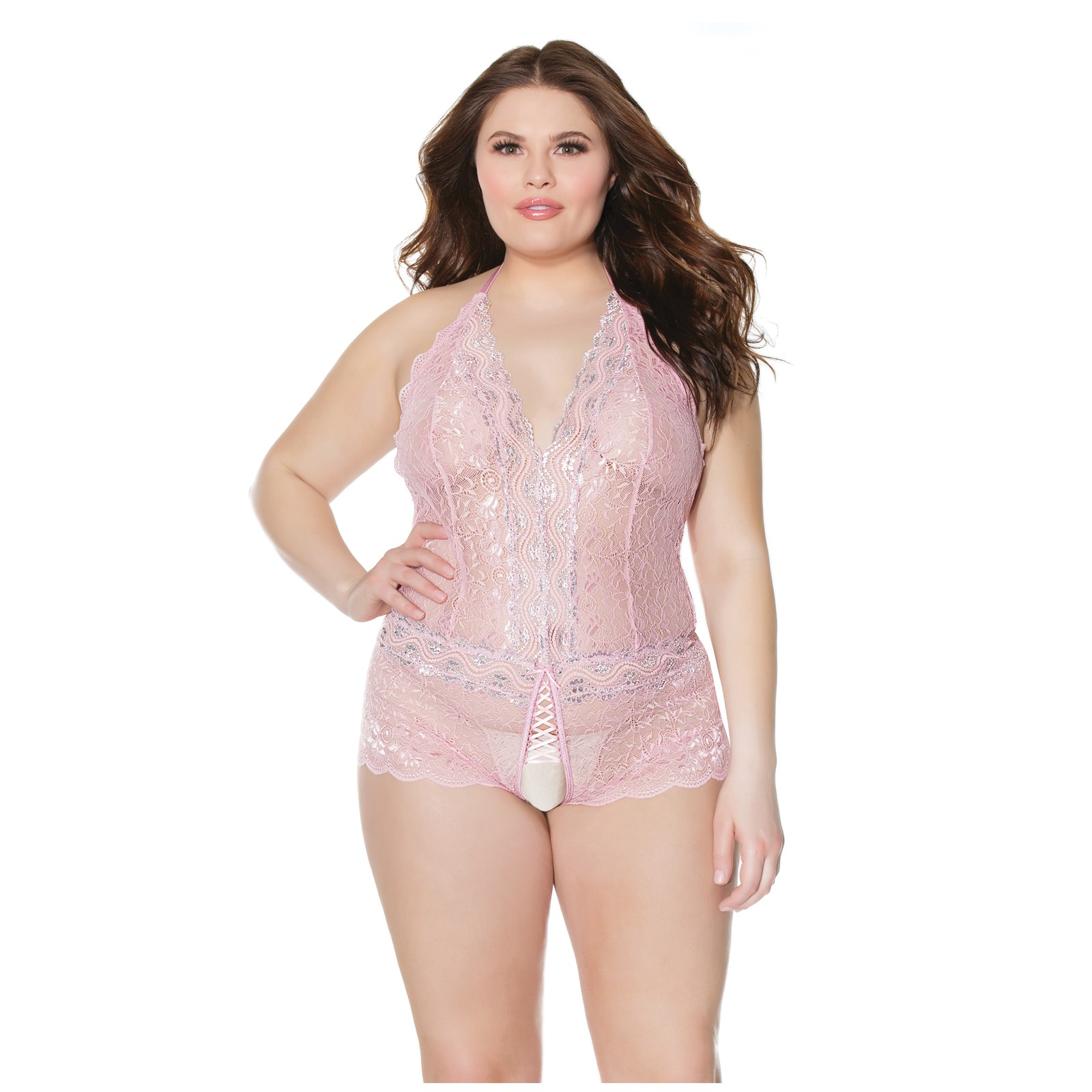 Crystal Pink Halter Crotchless Teddy