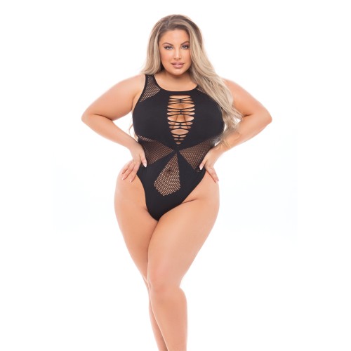 Pink Lipstick Highneck Bodysuit Black QN