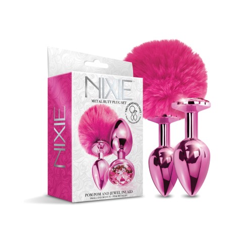 Nixie Metal Butt Plug Set with Jewel & Pom Pom - Pink Metallic