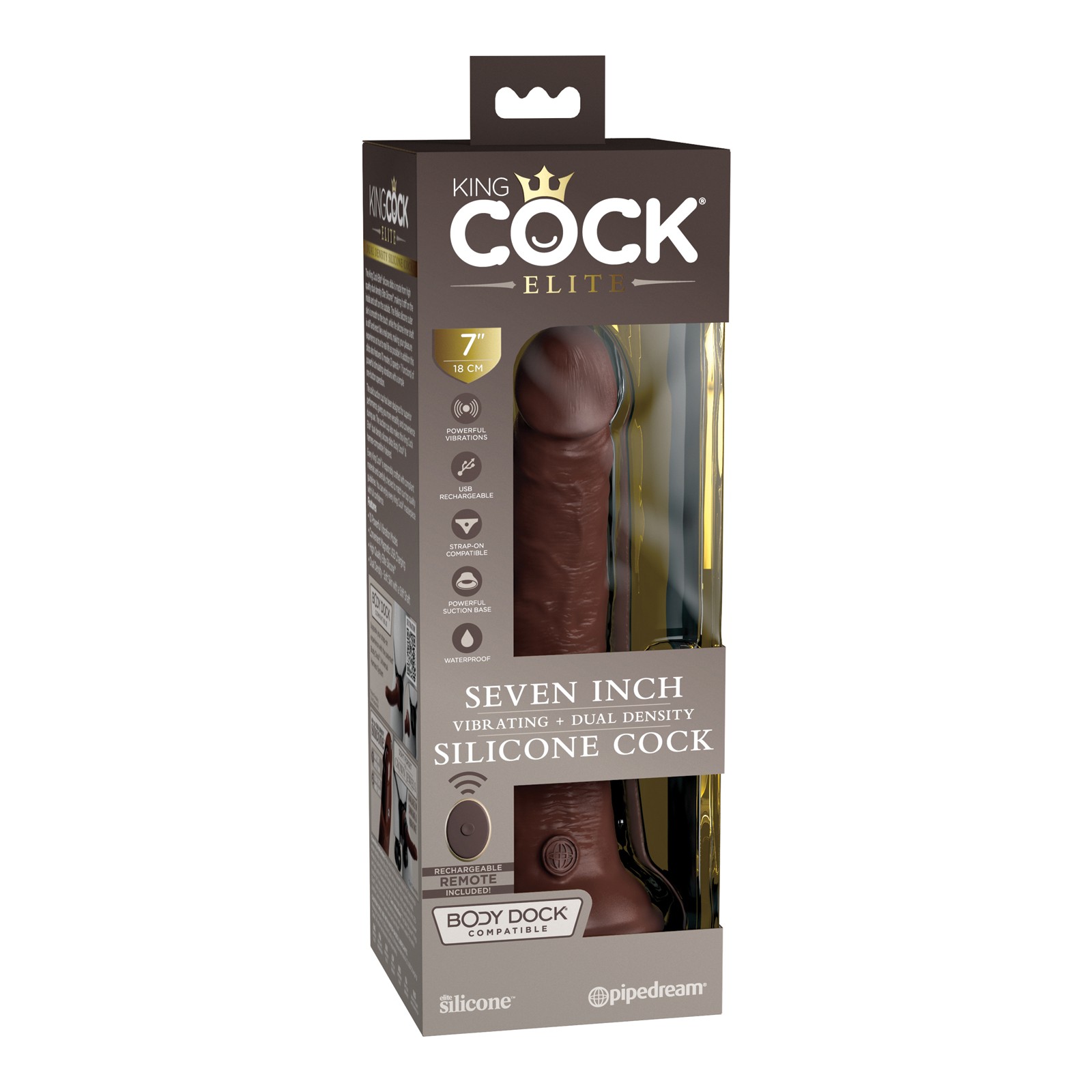 King Cock Elite 7 Inch Vibrating Dildo with Remote Brown