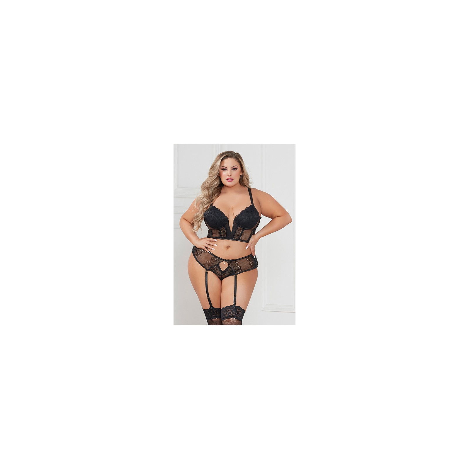 Conjunto de Bustier de Encaje y Panty Cheeky - Negro 3X/4X