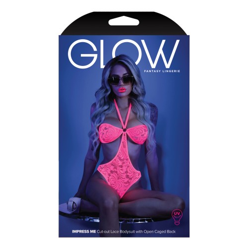 Glow Black Light Halter Bodysuit with Open Sides Neon Pink L/XL