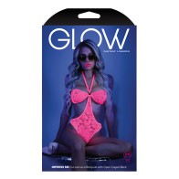 Glow Black Light Halter Bodysuit with Open Sides Neon Pink L/XL