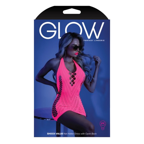 Glow Black Light Net Halter Dress in Neon Pink