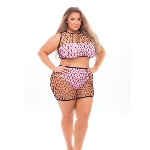 Pink Lipstick Crave You Large Fishnet Cami Top, Skirt, Bandeau Top & Panty Set - Pink QN