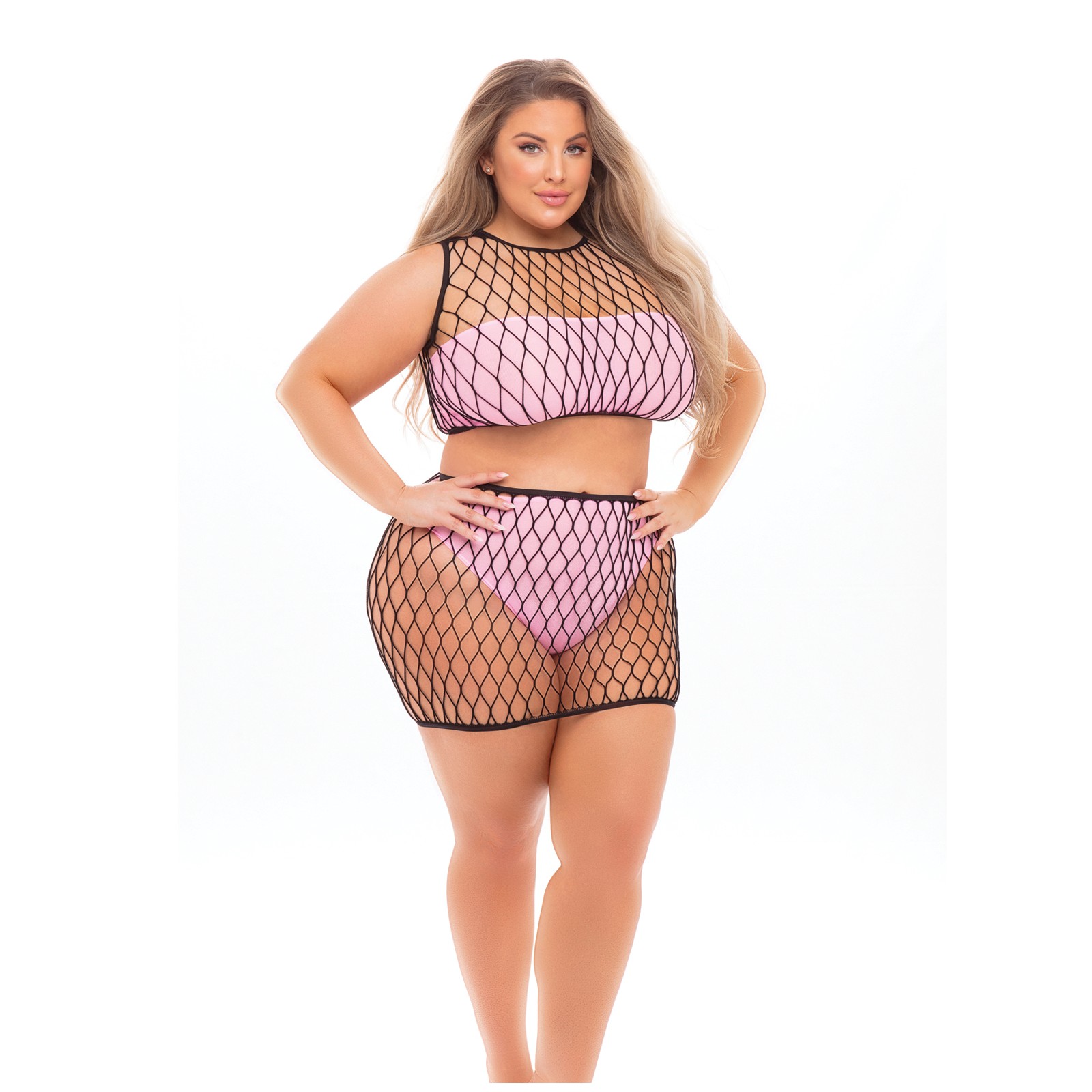 Pink Lipstick Crave You Large Fishnet Cami Top, Skirt, Bandeau Top & Panty Set - Pink QN