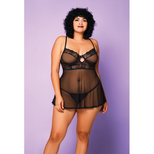 Babydoll de Malla Suave y G-String Negro 1X