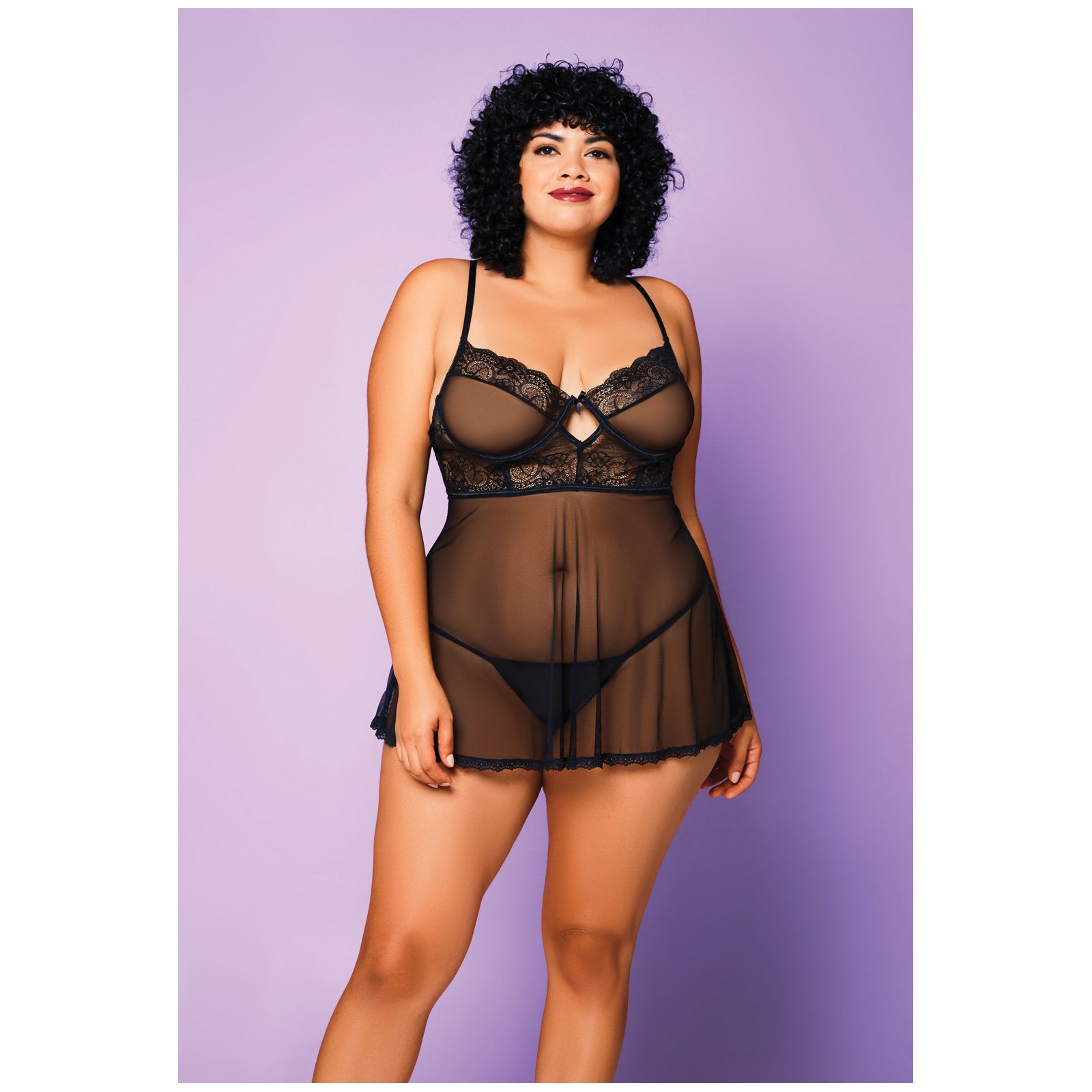 Babydoll de Malla Suave y G-String Negro 1X