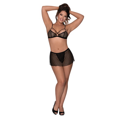 Brassiere Strappy Girl Next Door Falda Thong Coqueta Negra