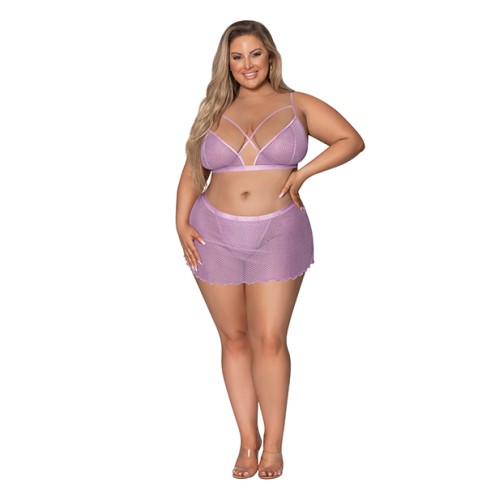 Girl Next Door Strappy Bralette and Flirty Thong Skirt - Lilac 2XL