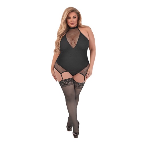 Sexy Time Fiona Halter Teddy - Black with Split Crotch