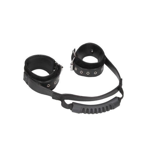 Shots Ouch Leather Hand Cuffs with Handle - Black