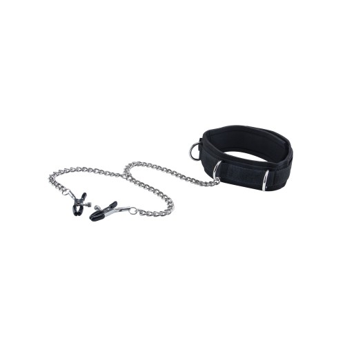 Collar Velcro Blanco y Negro con Pinzas para Pezones - Placer BDSM