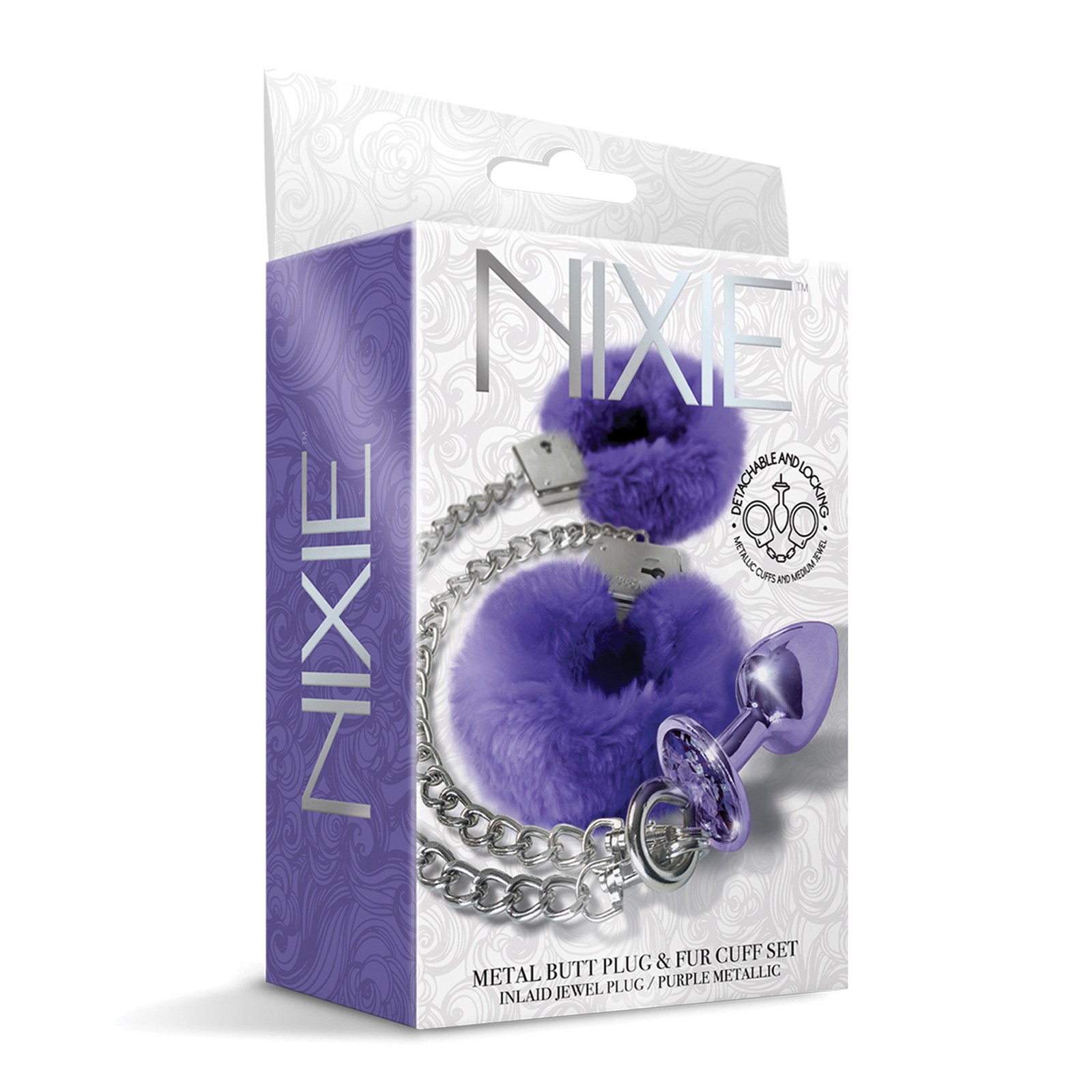 Nixie Metal Butt Plug Inlaid Jewel Fur Cuff Set Purple