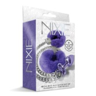 Plug Anal de Metal Nixie Joya Incrustada Conjunto de Puños de Piel Púrpura