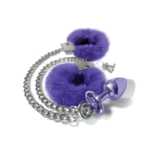 Nixie Metal Butt Plug Inlaid Jewel Fur Cuff Set Purple