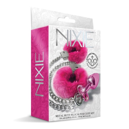 Nixie Metal Butt Plug with Jewel & Fur Cuffs - Pink Metallic