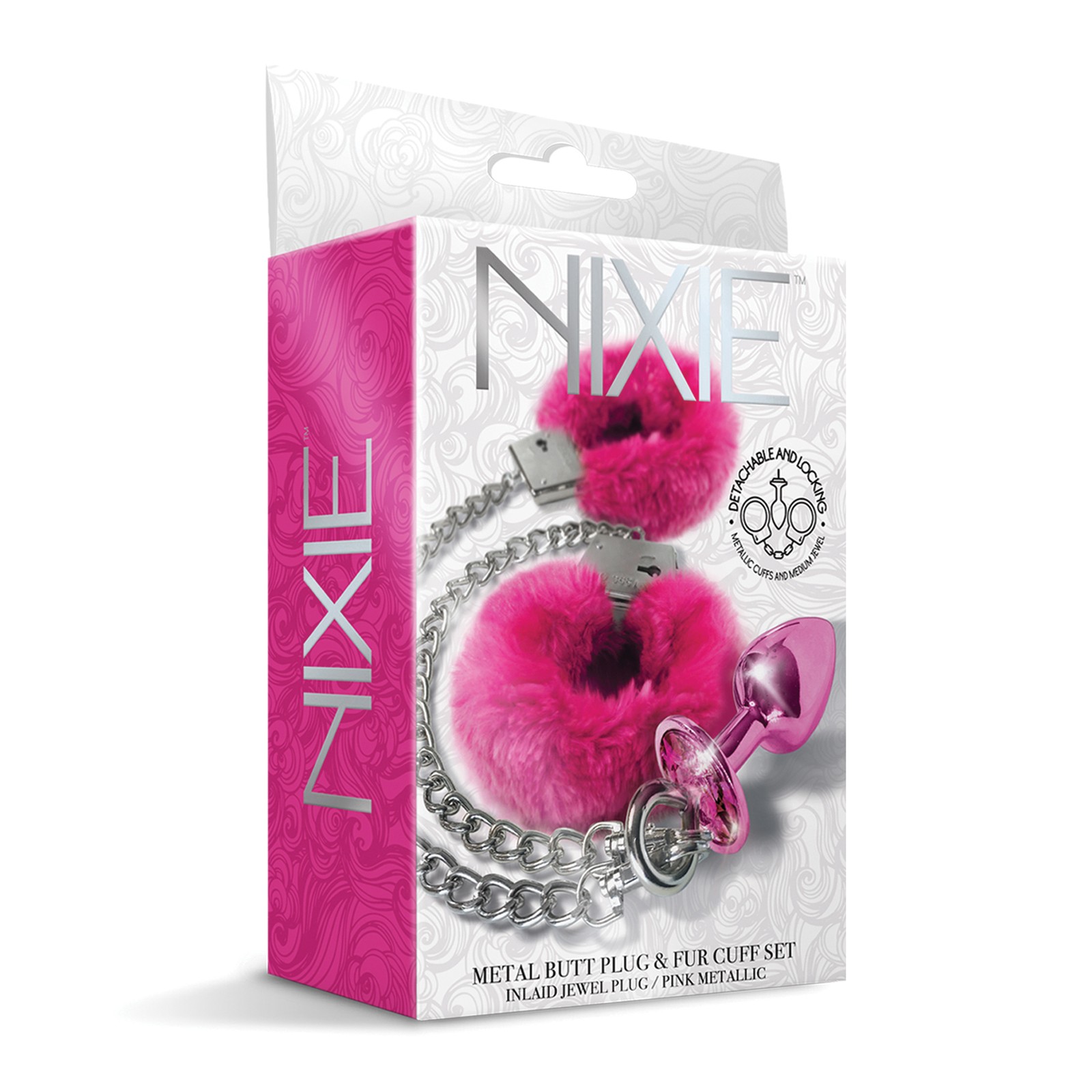 Nixie Metal Butt Plug with Jewel & Fur Cuffs - Pink Metallic