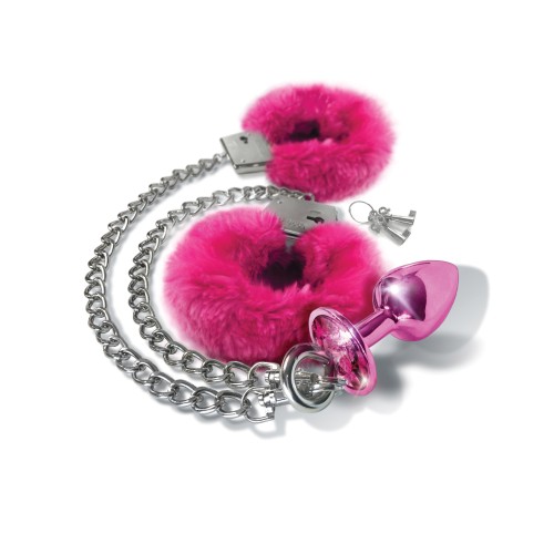 Nixie Metal Butt Plug with Jewel & Fur Cuffs - Pink Metallic