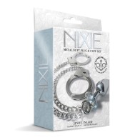 Plug Anal Metálico Nixie con Joya y Esposas de Piel