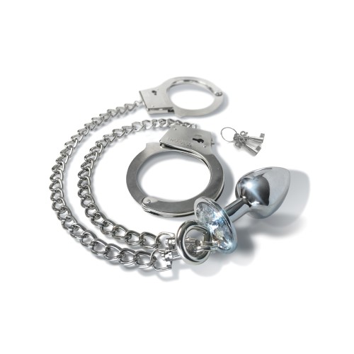 Nixie Metal Butt Plug with Jewel & Fur Cuffs Set