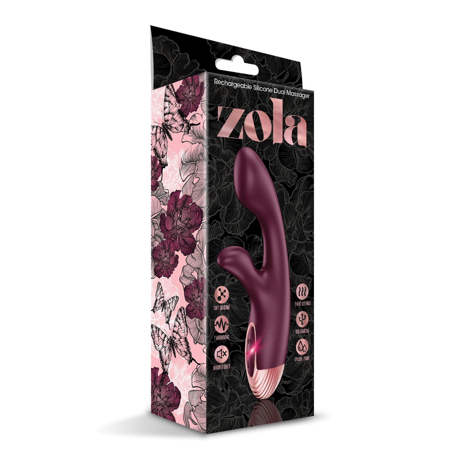 Zola Rechargeable Silicone Dual Massager - Burgundy/Rose Gold