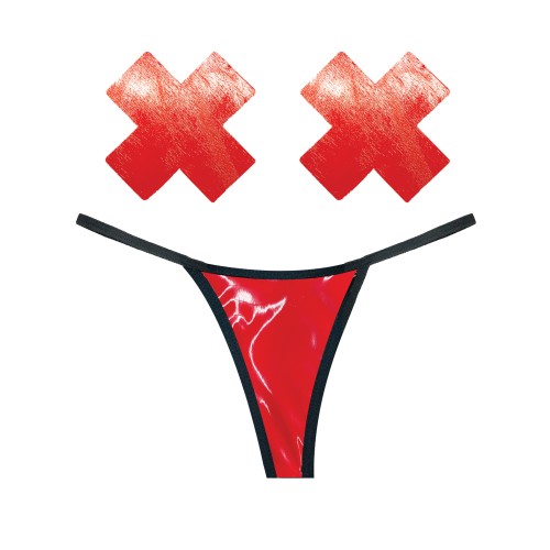 Neva Nude G-String de Vinilo Húmedo y Pasties Rojo